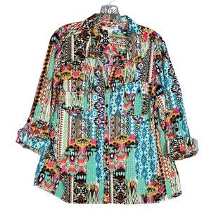 Studio Works Top Petite XL Button Down 3/4 Sleeve Colorful ArtsySouthwest Ranch‎